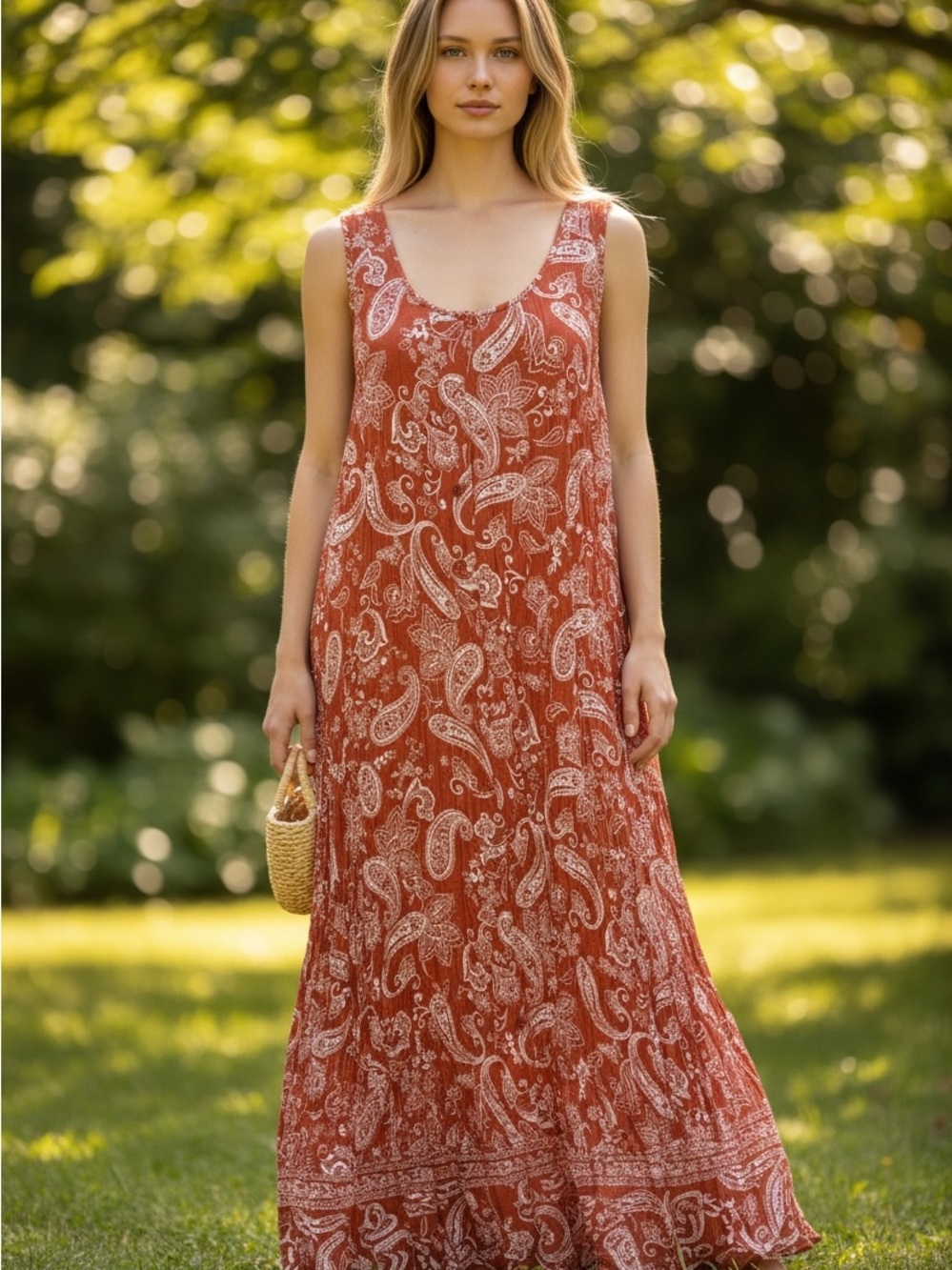 Jessica London Rust-and-White Paisley Tank Maxi Dress